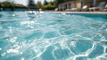 Close-Up of Swimming Pool Surface with Sunlight Reflections. Perfect for: Summer, Pool
