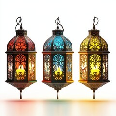 Obraz premium Three Ornate Metal Lanterns with Red, Blue, and Yellow Glass Panels