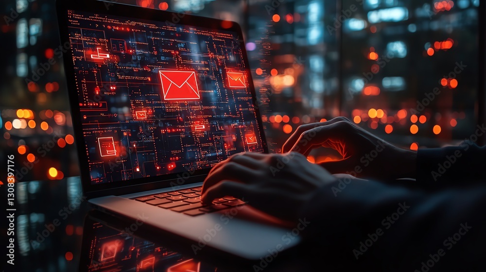 Fototapete person using a laptop with email security alerts displayed, showing red warning icons for spam, viru