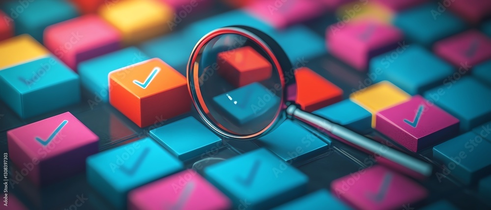 Poster Strategy planning and quality management concept, magnifying glass highlighting a target icon and blocks with check marks, emphasizing business goals and processes