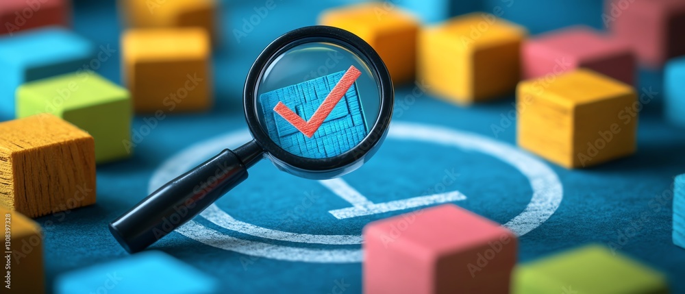 Poster Strategy planning and quality management concept, magnifying glass highlighting a target icon and blocks with check marks, emphasizing business goals and processes