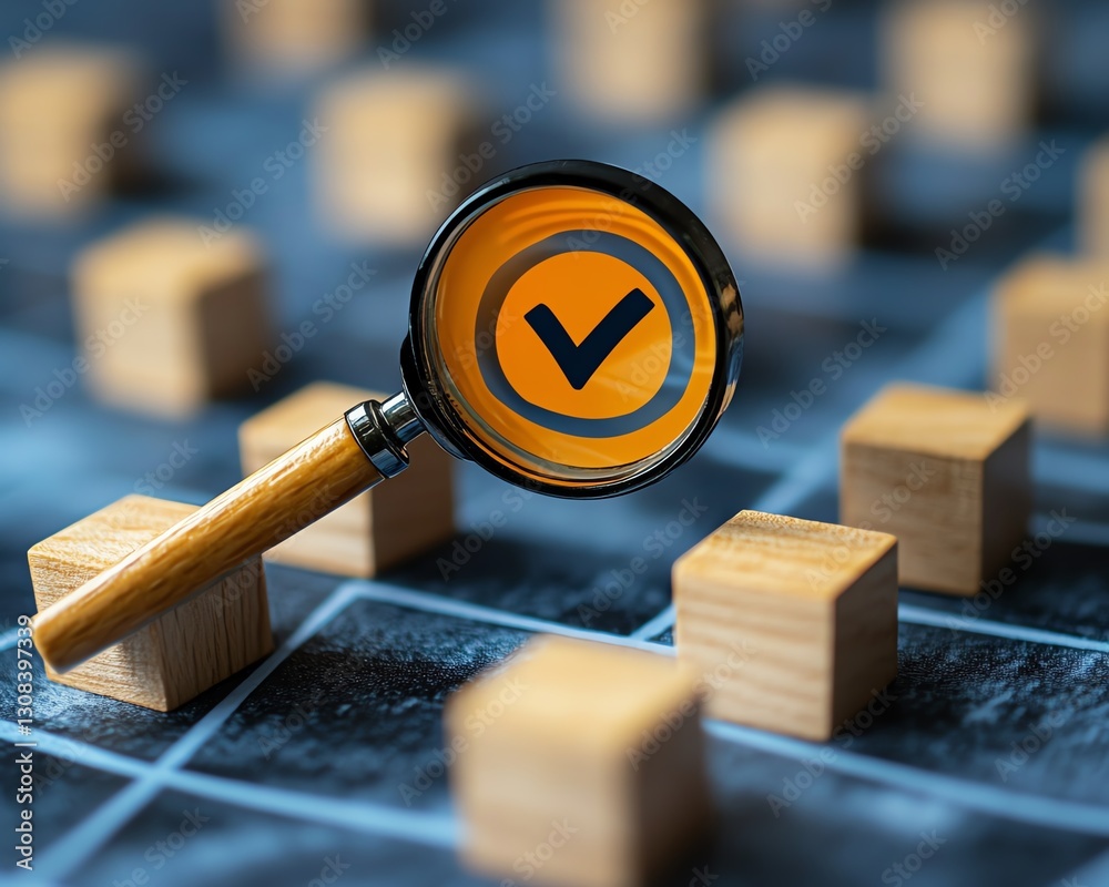 Aufkleber strategy planning and quality management concept, magnifying glass highlighting a target icon and bl