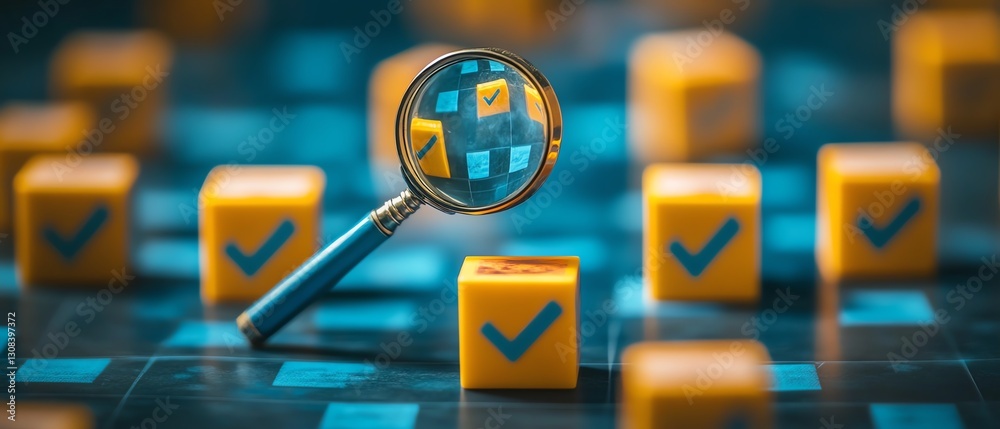 Poster Strategy planning and quality management concept, magnifying glass highlighting a target icon and blocks with check marks, emphasizing business goals and processes