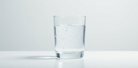 Sparkling water in a minimalist clear glass on a white surface, white, sparkling water
