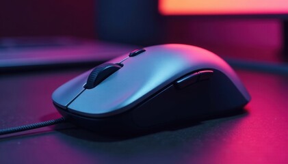 Sleek ergonomic computer mouse, metallic grey , wire, form, desktop