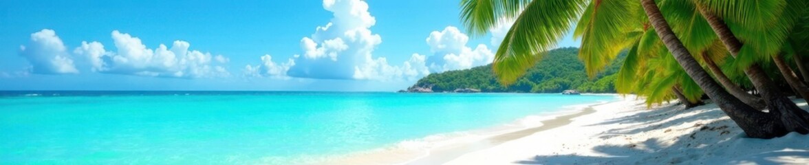 Vibrant beach scene, turquoise water, lush palms, nature, horizon