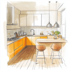 Modern U shaped kitchen design with orange cabinets, wooden flooring, and stylish pendant lights. illustration captures cozy and functional space, perfect for cooking and entertaining