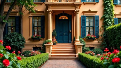 Fototapeta premium A Picturesque Residence with a Teal Door and Lush Landscaping, Showcasing Architectural Details and Vibrant Floral Accents, Alluding to Tranquility and Refined Elegance