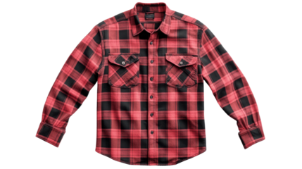 A red and black plaid shirt with a white collar