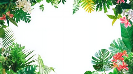 Lush Green Tropical Leaves Frame on White Background