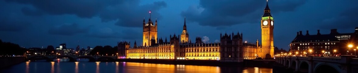 Fototapeta premium Illuminated Big Ben & Westminster Palace at night, scene, parliament
