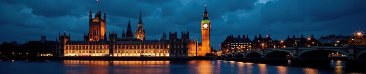 Naklejka premium Illuminated Big Ben & Westminster Palace at night, twilight, power, historic