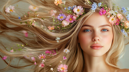 Kobieta blond włosy, z kwiatami we włosach, wiosenne tło dla projektu generative ai 