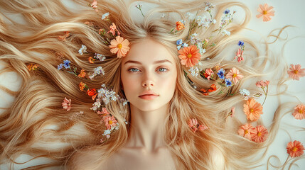 Kobieta blond włosy, z kwiatami we włosach, wiosenne tło dla projektu generative ai 