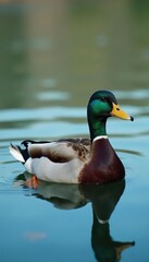 Fototapeta premium Mallard duck paddling gracefully on calm lake surface, clouds, feathers, paddle