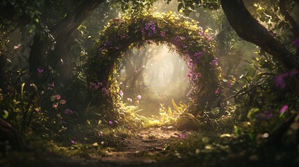 Enchanted Forest Arch with Purple Flowers and Golden Sunlight