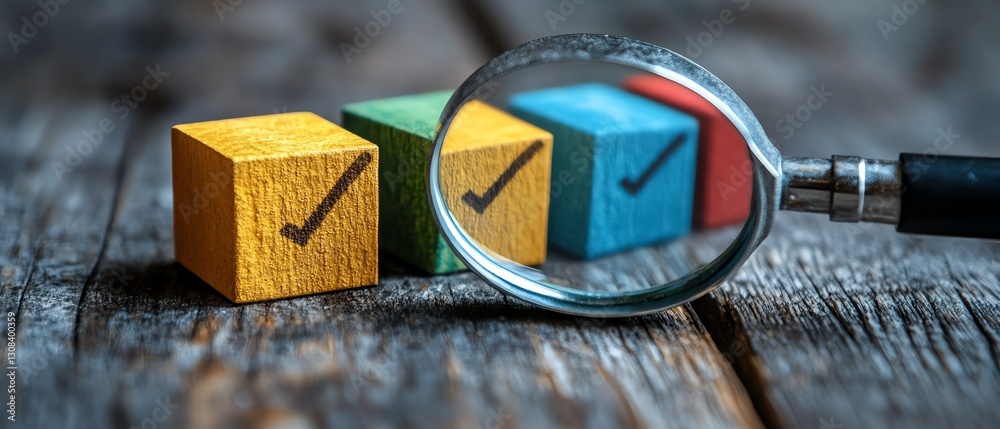 Poster Business goal setting and strategy planning concept with a magnifying glass focusing on blocks with check marks, representing quality management and achievement of objectives