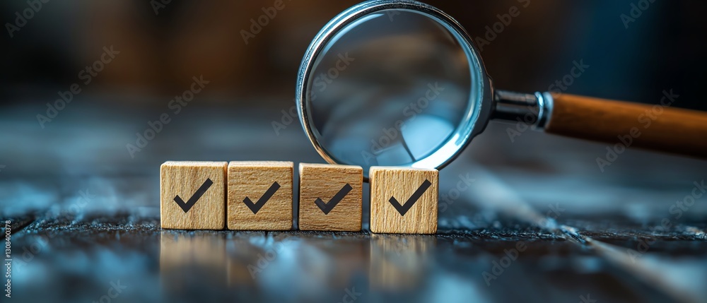 Aufkleber Business goal setting and strategy planning concept with a magnifying glass focusing on blocks with check marks, representing quality management and achievement of objectives