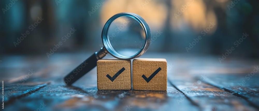 Poster business goal setting and strategy planning concept with a magnifying glass focusing on blocks with 