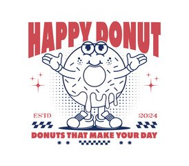 donut, doughnut, cartoon, character, vintage, mascot, fashion, apparel, design, graphic, t shirt design, bakery, logo, cute, vector, sticker, kawaii, t shirt, print, food, pastry, sweets, dessert, han