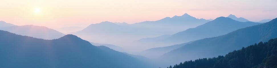 Misty mountain peaks shrouded in fog, ethereal light , blue, mist