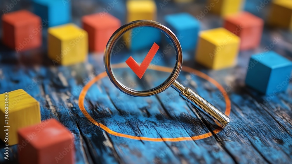 Poster Business quality management and strategy planning concept with a magnifying glass examining a target icon, blocks, and check marks symbolizing progress and goal setting