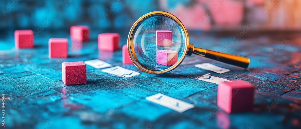 Poster business quality management and strategy planning concept with a magnifying glass examining a target