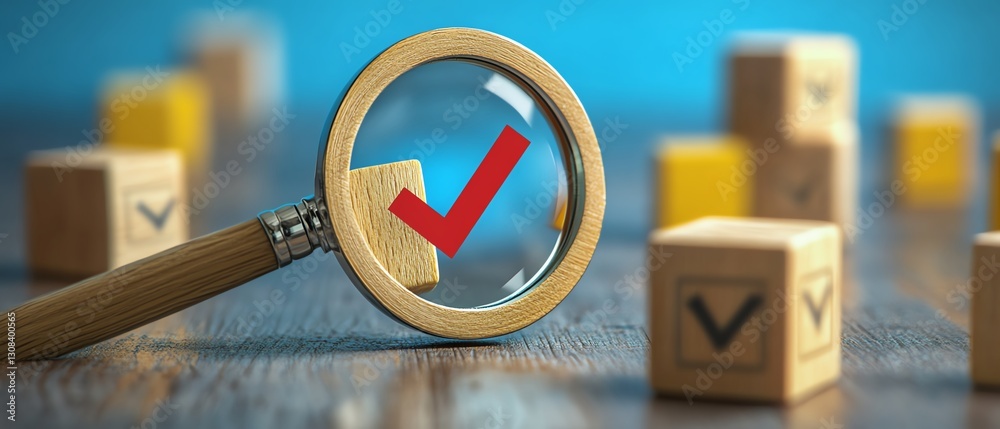 Poster business quality management and strategy planning concept with a magnifying glass examining a target