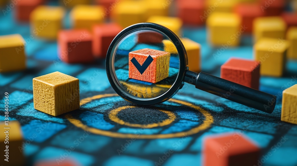 Poster business quality management and strategy planning concept with a magnifying glass examining a target