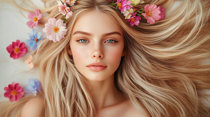 Kobieta blond włosy, z kwiatami we włosach, wiosenne tło dla projektu generative ai 