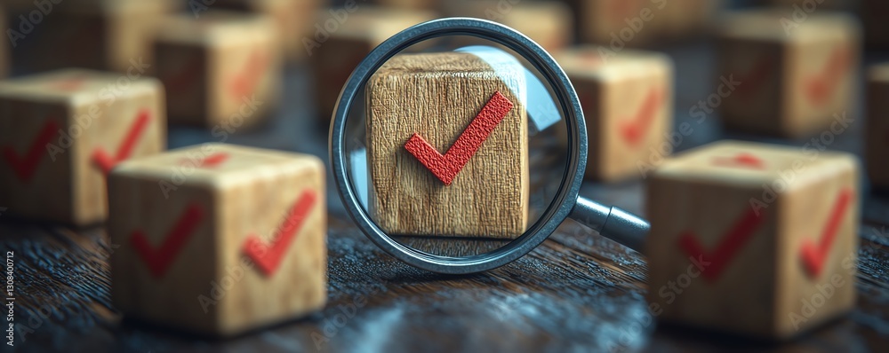 Poster Business strategy planning concept with a magnifying glass focusing on a target icon and blocks with check marks, symbolizing goal setting and quality management processes