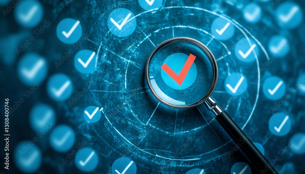 Poster Business strategy planning concept with a magnifying glass focusing on a target icon and blocks with check marks, symbolizing goal setting and quality management processes