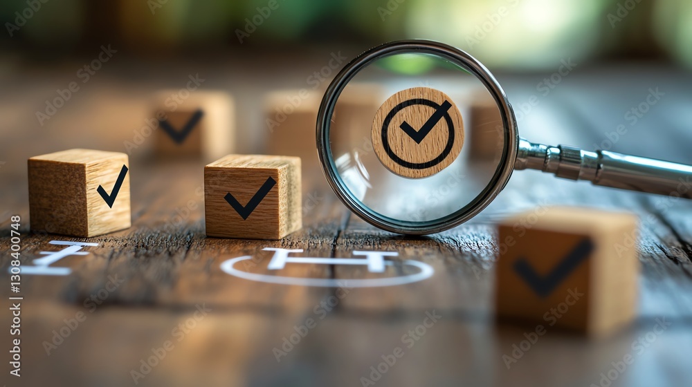 Aufkleber Business strategy planning concept with a magnifying glass focusing on a target icon and blocks with check marks, symbolizing goal setting and quality management processes