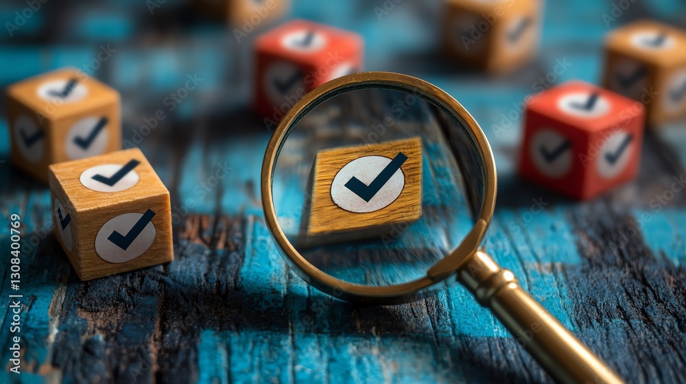 Poster Business strategy planning concept with a magnifying glass focusing on a target icon and blocks with check marks, symbolizing goal setting and quality management processes