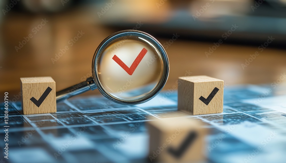 Aufkleber Business strategy planning concept with a magnifying glass focusing on a target icon and blocks with check marks, symbolizing goal setting and quality management processes