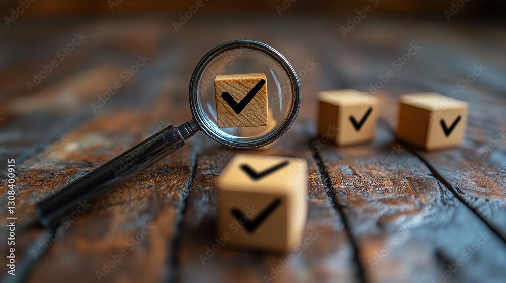 Aufkleber Business strategy planning concept with a magnifying glass focusing on a target icon and blocks with check marks, symbolizing goal setting and quality management processes