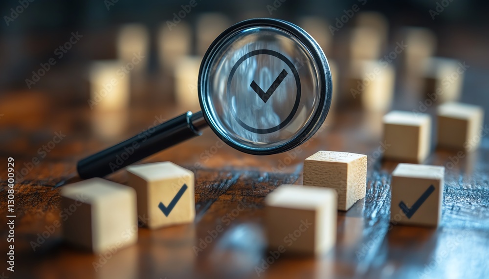 Aufkleber Business strategy planning concept with a magnifying glass focusing on a target icon and blocks with check marks, symbolizing goal setting and quality management processes