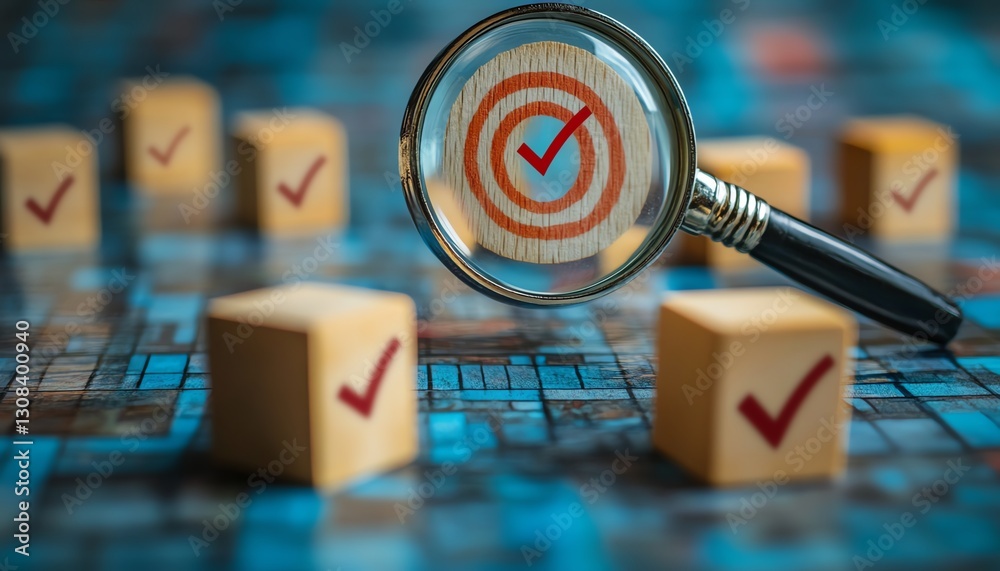 Poster Business strategy planning concept with a magnifying glass focusing on a target icon and blocks with check marks, symbolizing goal setting and quality management processes