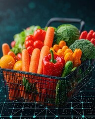 A basket filled with fresh vegetables on a dark background.