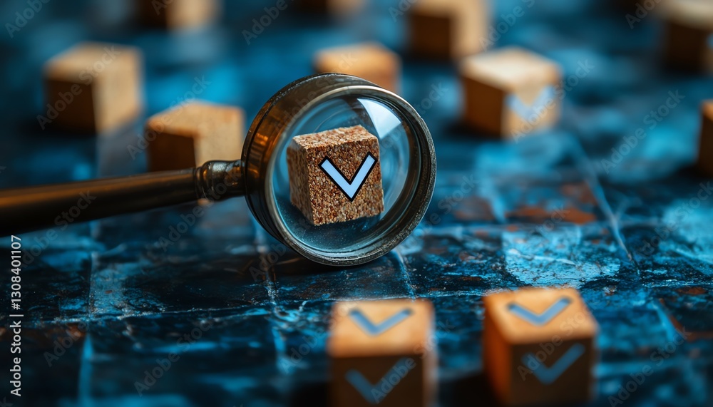 Aufkleber Business strategy planning concept with a magnifying glass focusing on a target icon and blocks with check marks, symbolizing goal setting and quality management processes