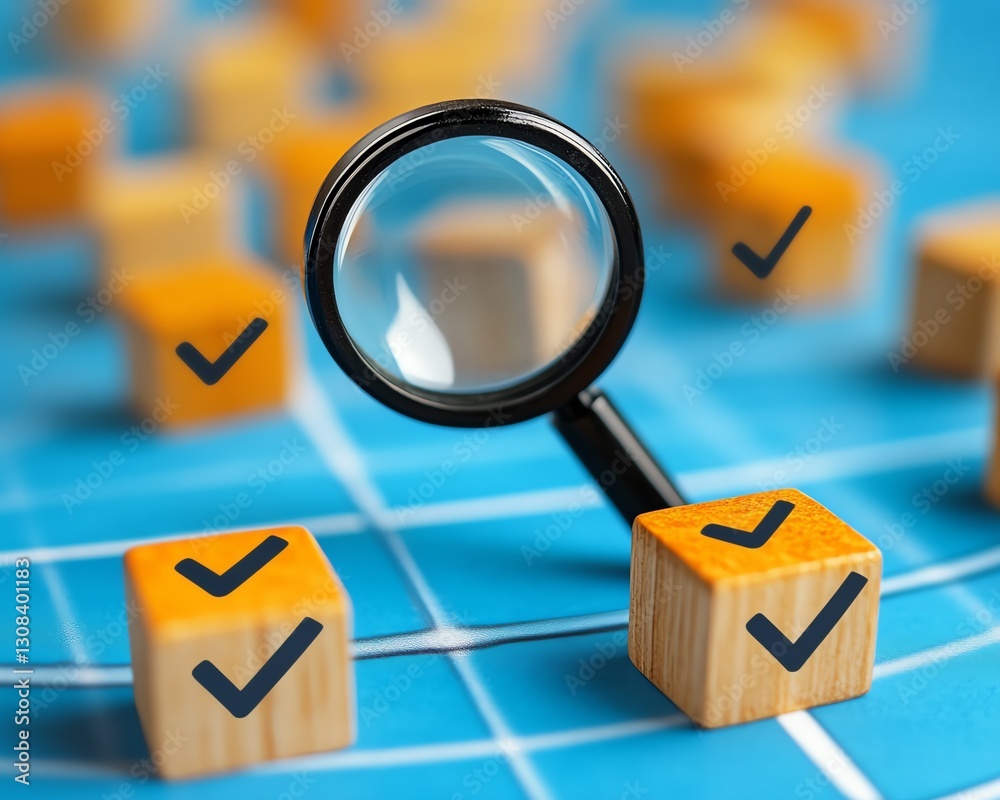 Poster business strategy planning and quality management concept, magnifying glass zooming in on a target i