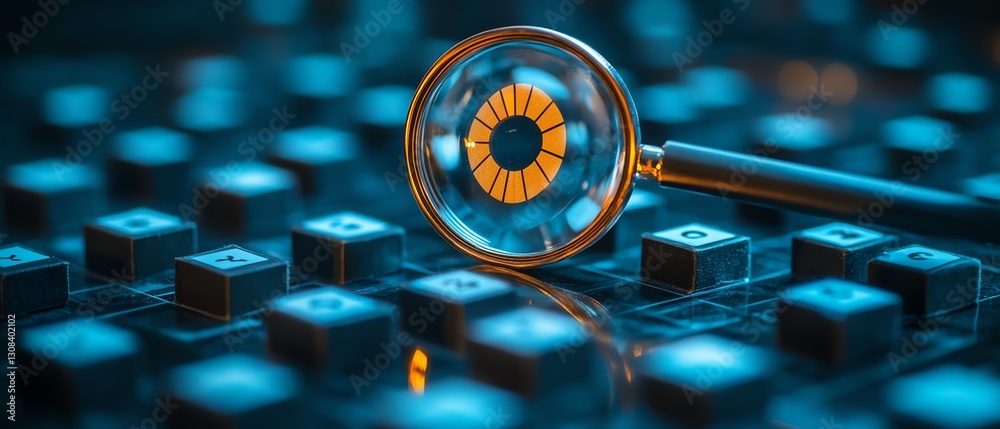 Aufkleber magnifying glass examining business strategy planning, highlighting a target icon with blocks and ch