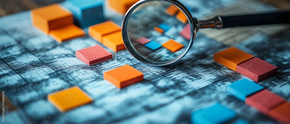 Poster magnifying glass examining business strategy planning, highlighting a target icon with blocks and ch