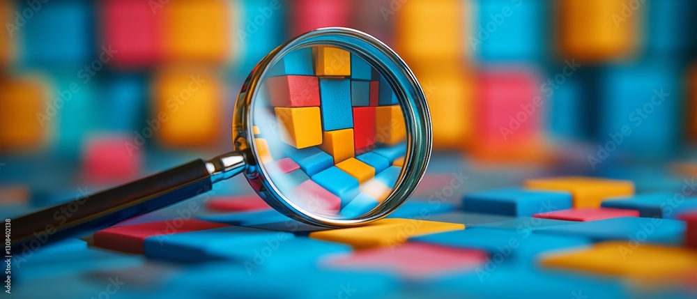Poster Magnifying glass examining business strategy planning, highlighting a target icon with blocks and check marks representing quality management and goal achievement