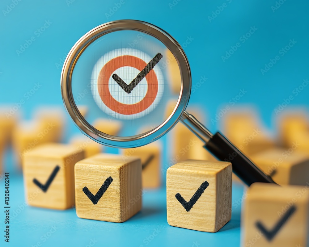 Poster Magnifying glass on business strategy planning, focusing on a target icon and blocks with check marks, illustrating effective goal setting and quality management in business