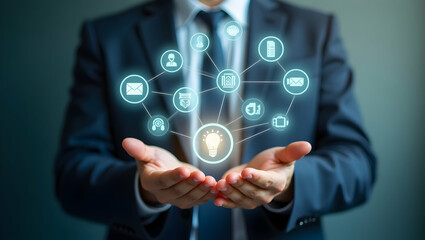 Business Ethics Illustrated: Floating Icons Around a Hand Symbolizing Integrity and Transparency in Corporate Decision Making