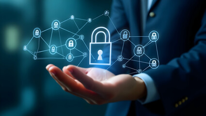 Visualizing Cybersecurity: Hand Interacting with Floating Lock Icons