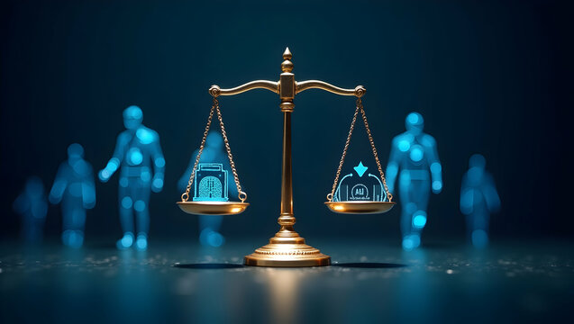 Holographic icons of AI models combined with justice scales to represent ethical AI use in corporate settings concept as Holographic AI icons balanced with justice scales to symbolize ethical AI use i