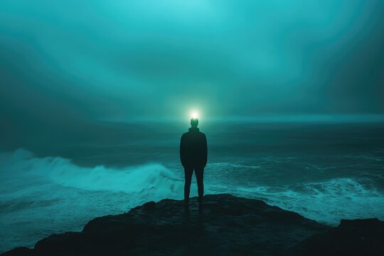 Silhouette of a man standing on a cliff overlooking a teal ocean, under a bright light.