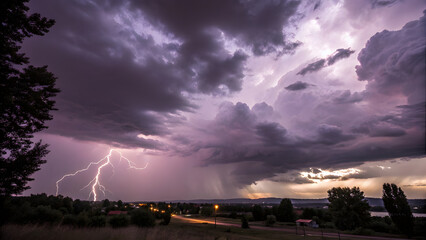 Obraz premium Stormy Sky with Deep Purple Clouds and Lightning Flashes. Perfect for: Storm, Summer